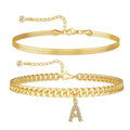 Women's Gold Stackable Anklet Set with Letter Pendant