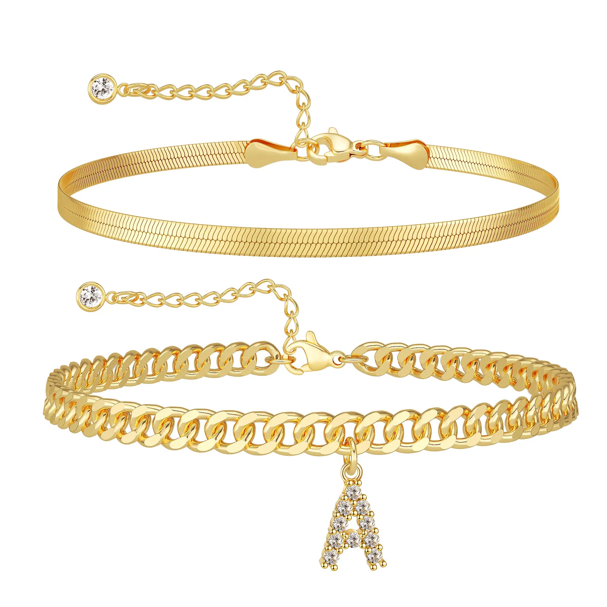 Women's Gold Stackable Anklet Set with Letter Pendant
