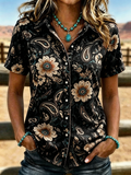 Women's Boho Paisley Floral Print Western Short Sleeve Button Up Shirt