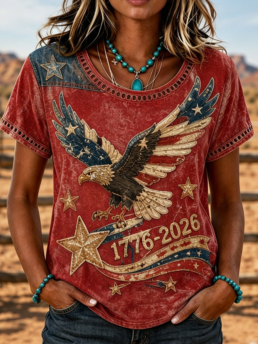 Camiseta casual de mujer de estilo vaquero con estampado de águila y diseño calado