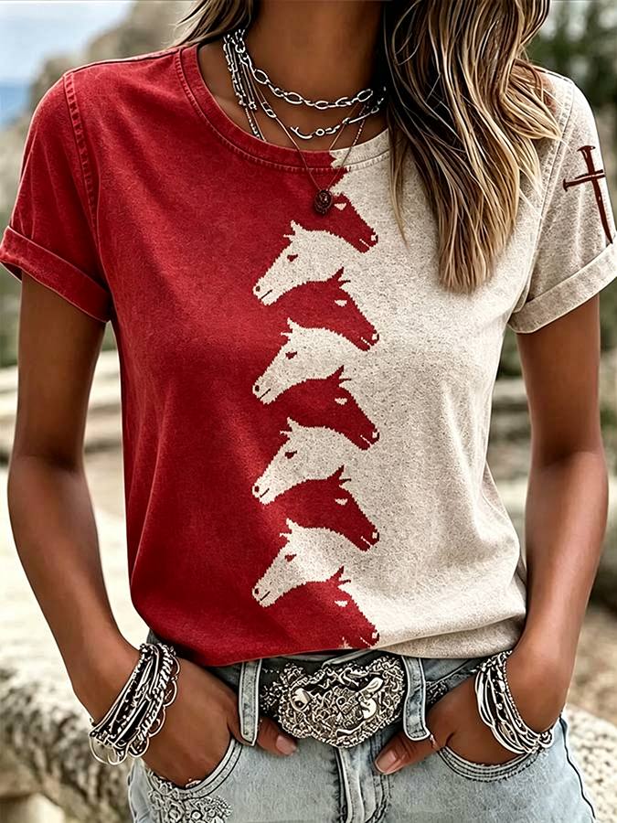 Women'S Western Style Animal Cross Round Neck T-Shirt