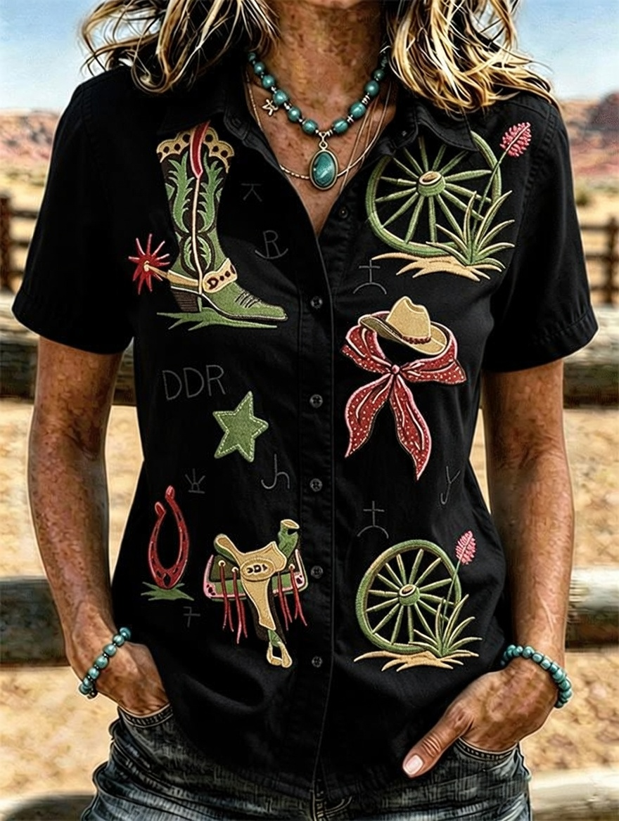 Cowboy Boot Horseshoe Embroidery Western Short Sleeve Shirt