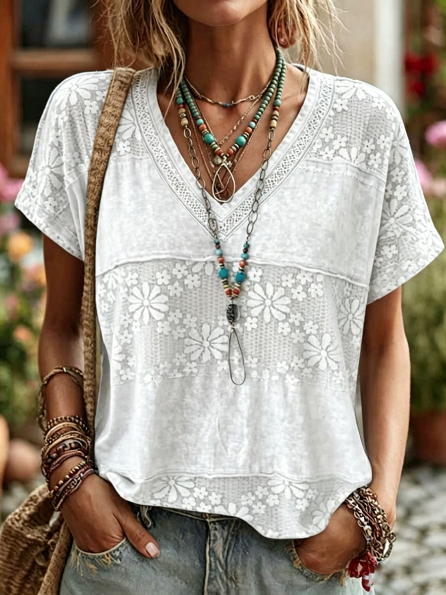 Top informal de algodón y lino con estampado floral y manga corta para mujer