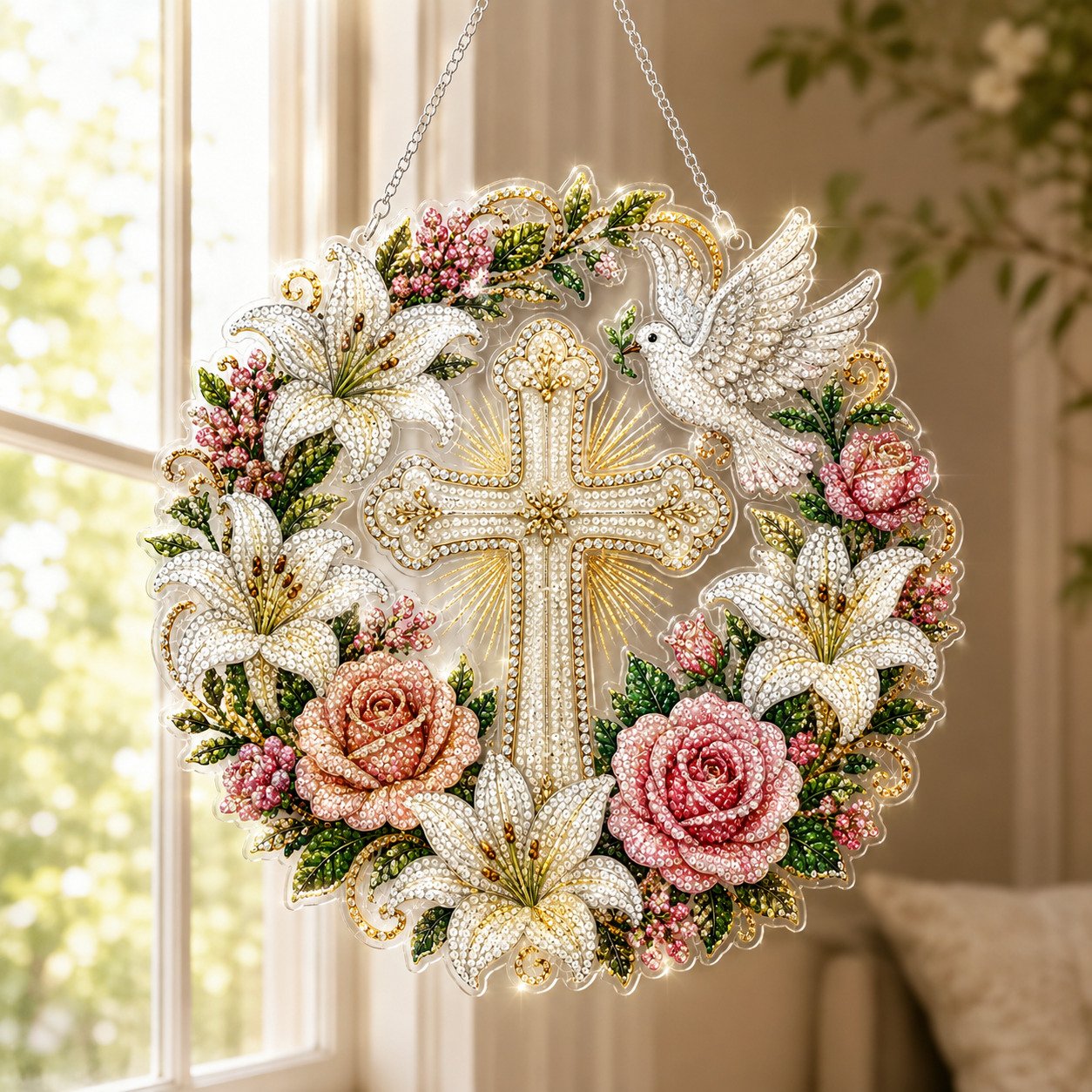 ✝️💐Kit de Décoration à Suspendre en Diamant - Croix, Fleurs et Colombe de la Paix