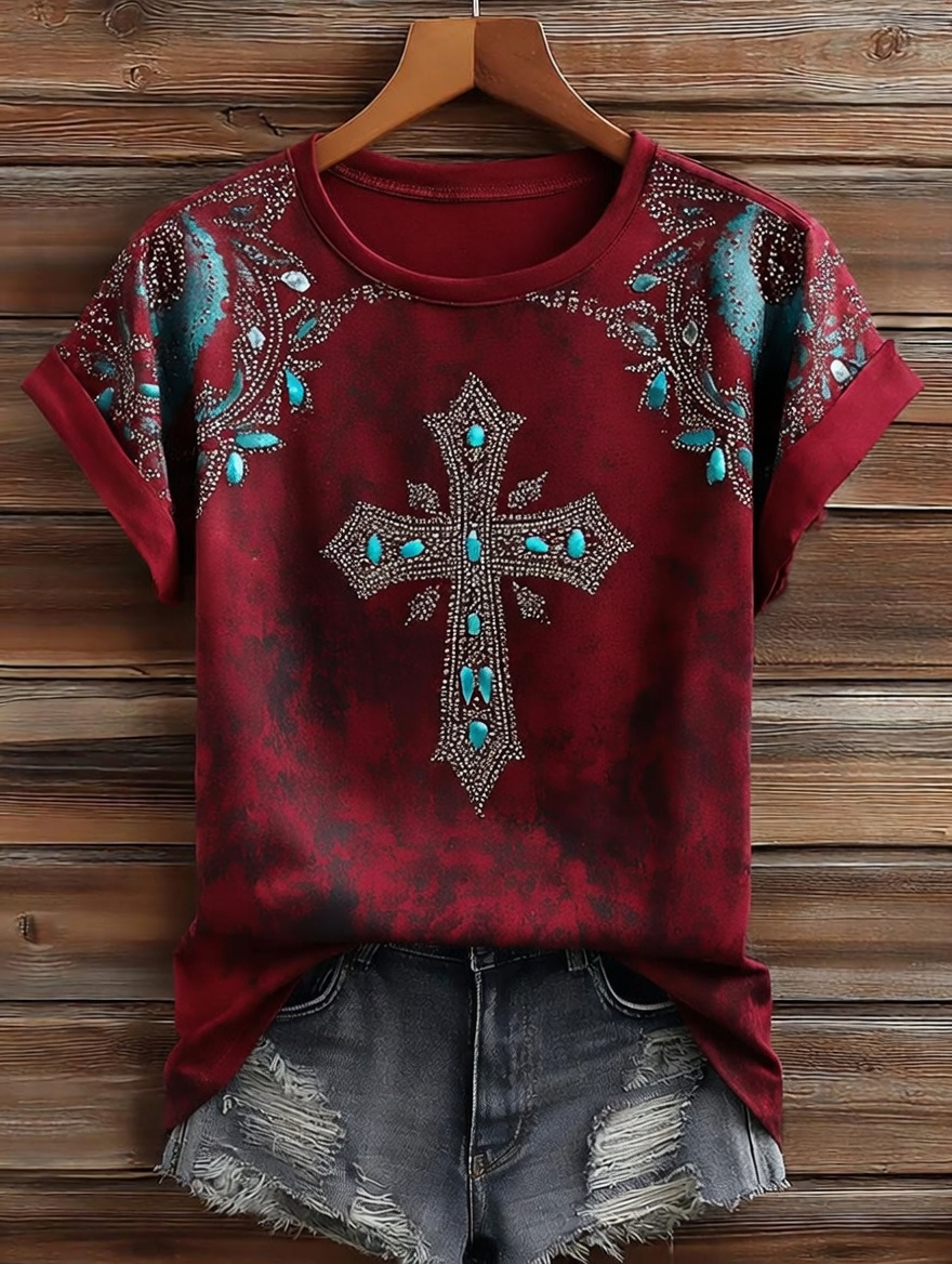 Camiseta de manga corta casual retro de mujer con estampado de fe