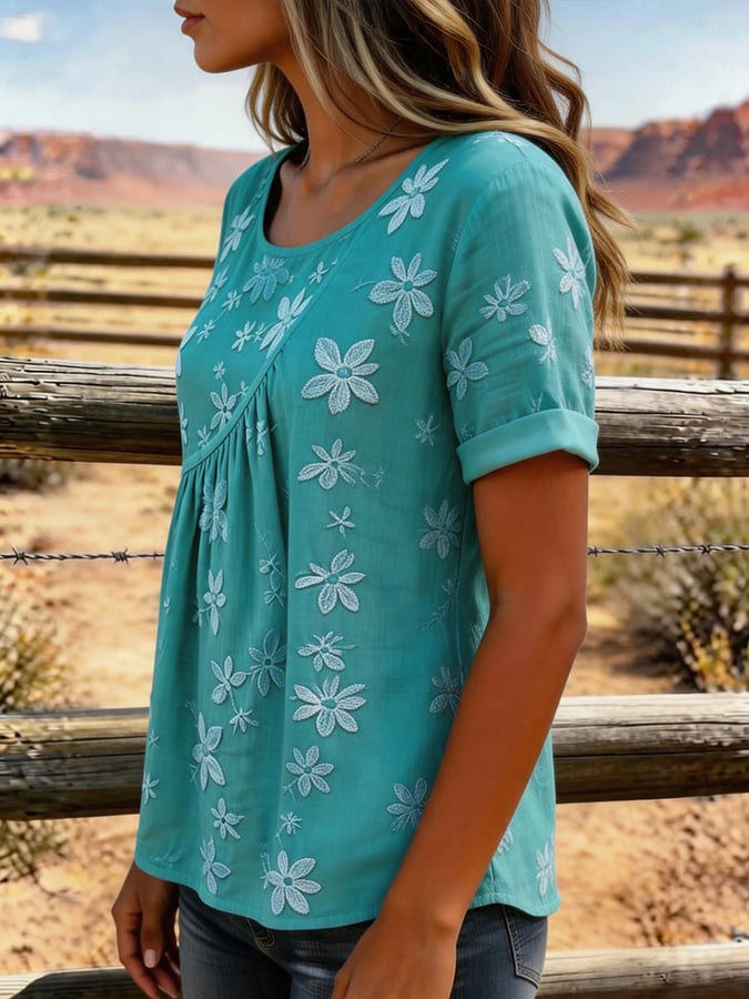 Women'S Casual Solid Embroidered Top