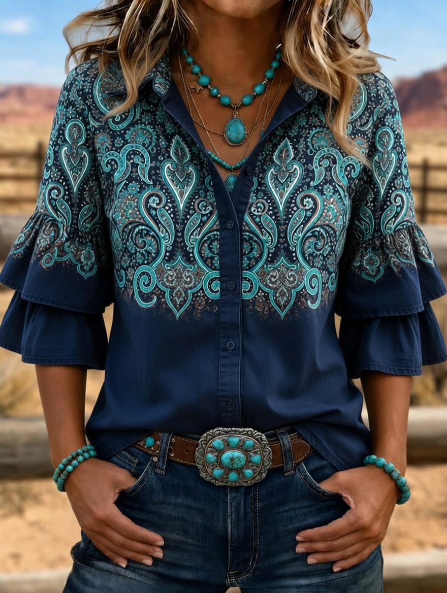 Camisa western para mujer con estampado paisley degradado, doble volante, mangas acampanadas y botones