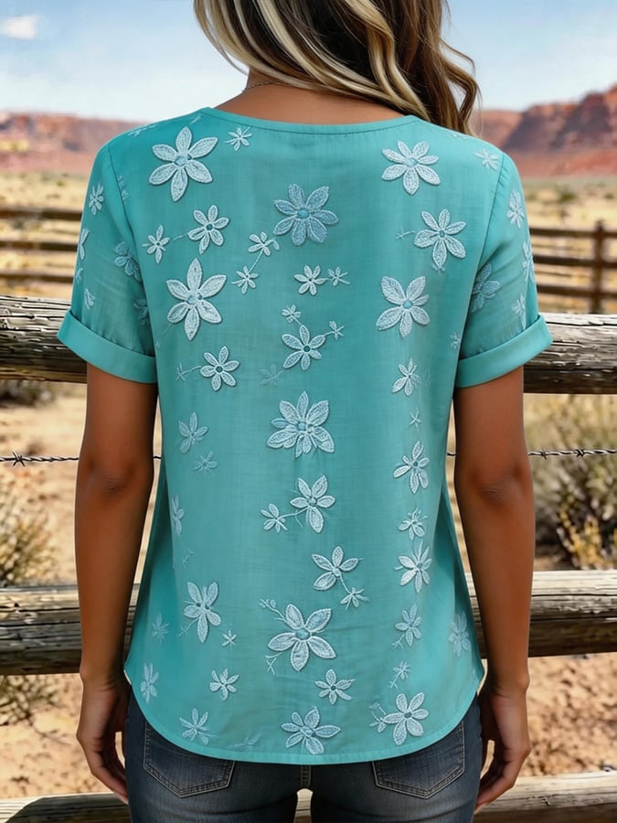 Women'S Casual Solid Embroidered Top
