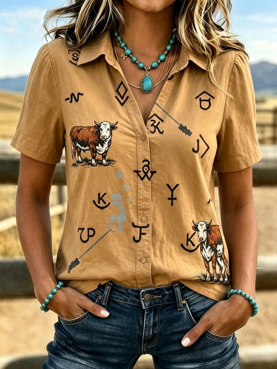 Camisa de manga corta estampada de estilo western retro para mujer