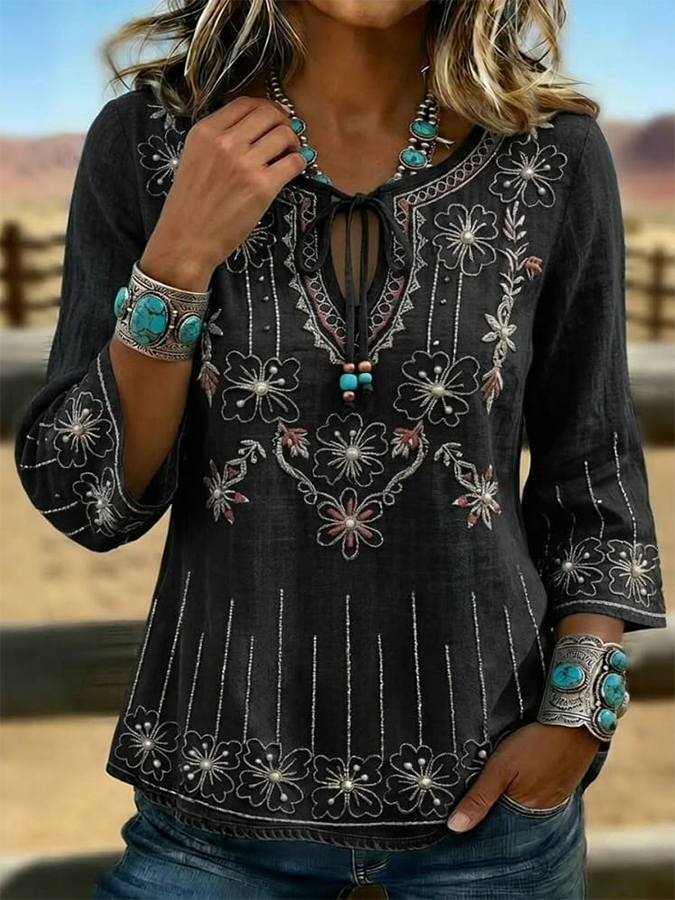 Top western vintage para mujer con estampado floral y corte entallado
