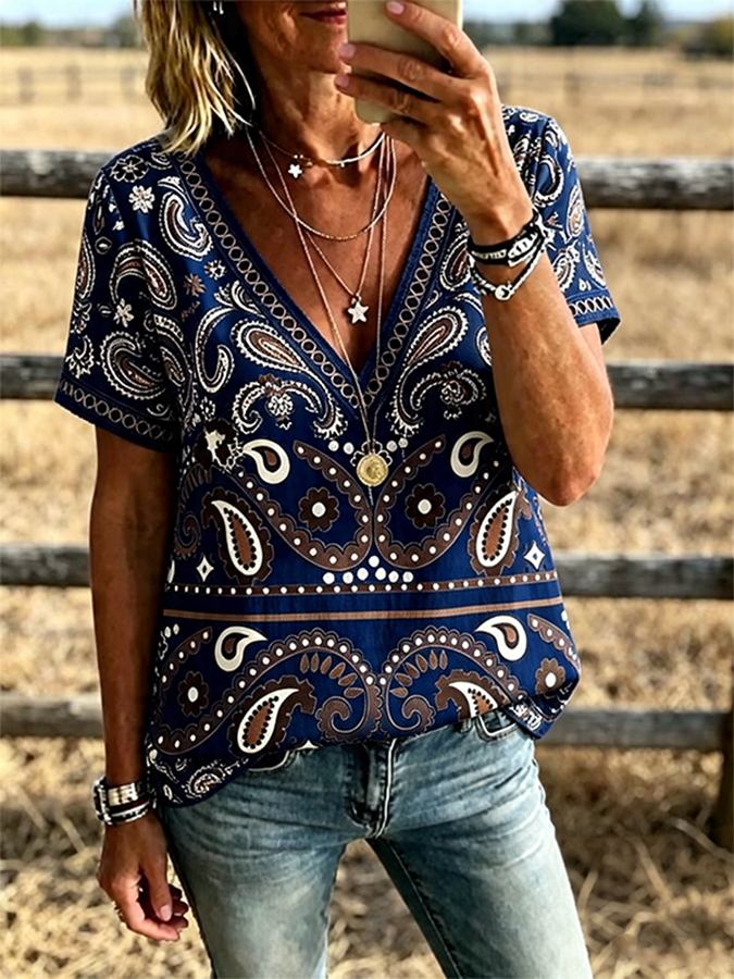 Camisa bohemia vaquera de mujer con estampado de paisley, cuello en V, ribete y manga corta
