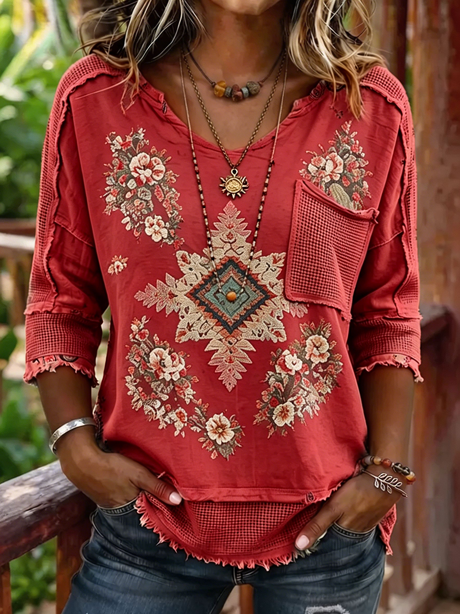 Women's Boho Aztec Floral Print Woven Patchwork 3/4 Sleeve Top