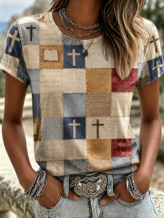 Women'S Western Style Geometric Cross Round Neck T-Shirt