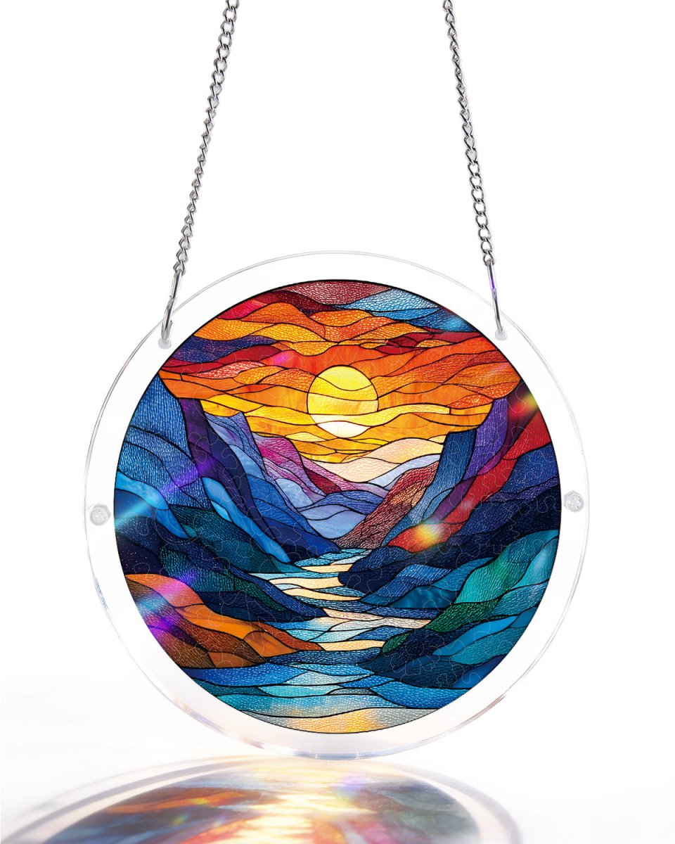 Attrape-soleil en acrylique en forme de puzzle - Paysage fluvial éclairé par la lune