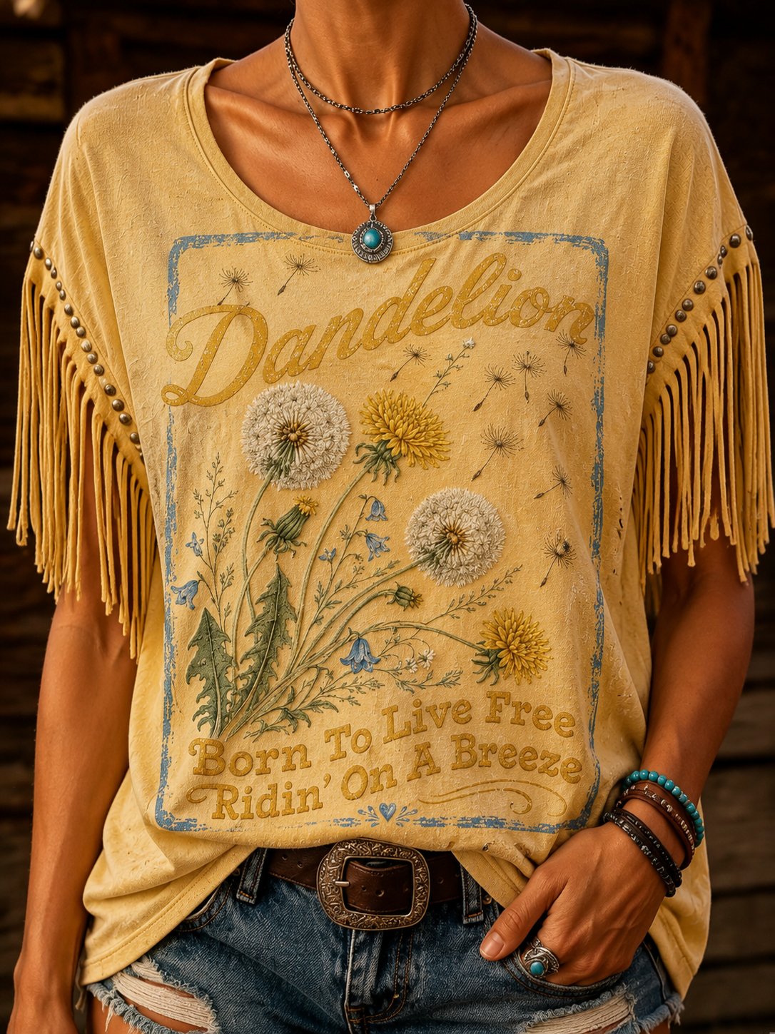 Damen Retro Country-Musik-Print Quasten Rundhals-Oberteil (Nieten sind Teil des Prints)
