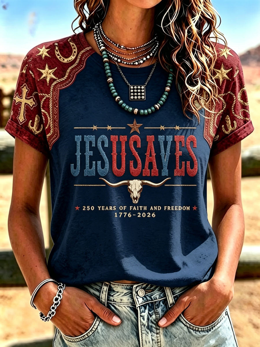 Camiseta retro de estilo western con estampado de fe para mujer