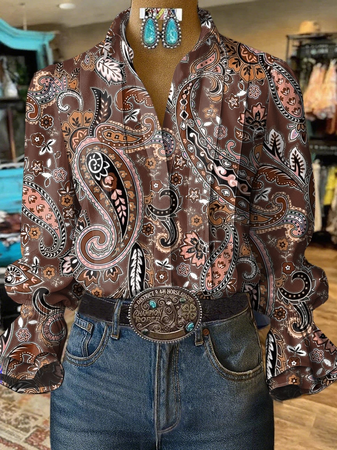 Camisa casual vaquera de mujer con mangas abullonadas y estampado