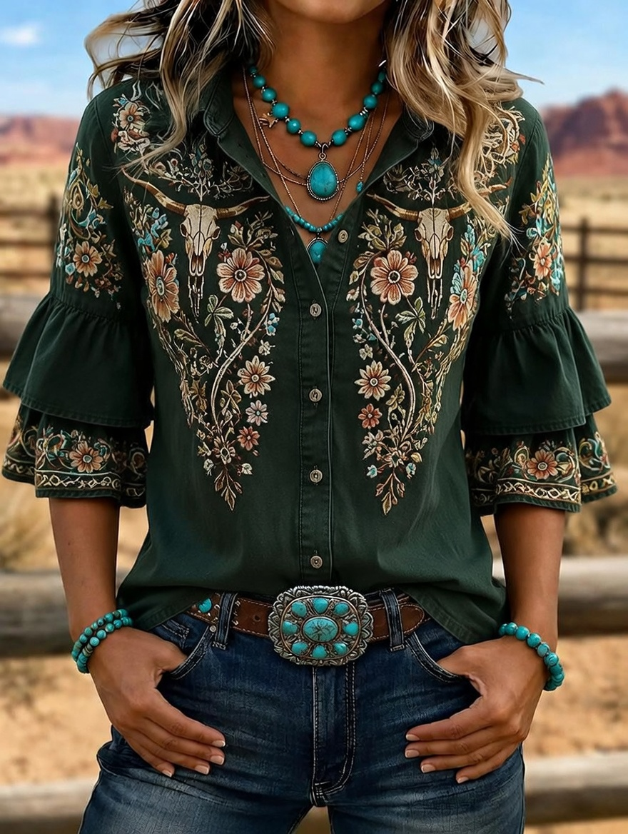 Camisa vaquera de mujer con calavera de toro bordada y mangas con volantes