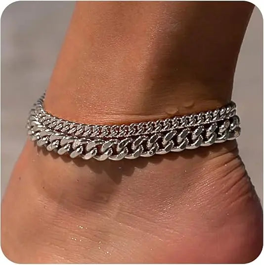 Waterproof Gold Plated Cuban Link Anklet Set for Women