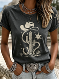 Women's Retro Cowboy Hat Cactus Star Lasso Cross Sleeve Print Tee