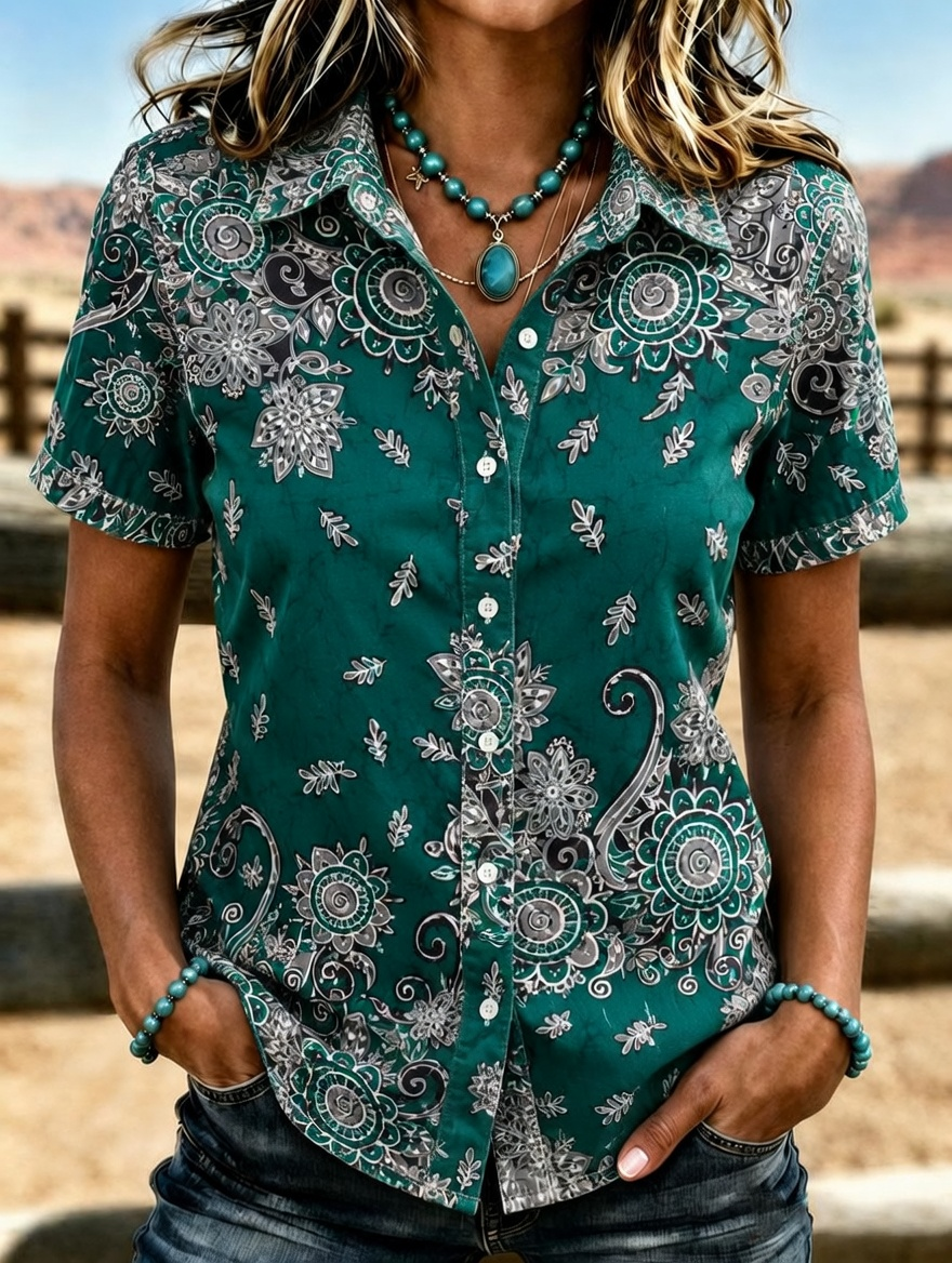 Camisa abotonada de manga corta de mujer con estampado floral étnico retro vintage de estilo vaquero y solapa