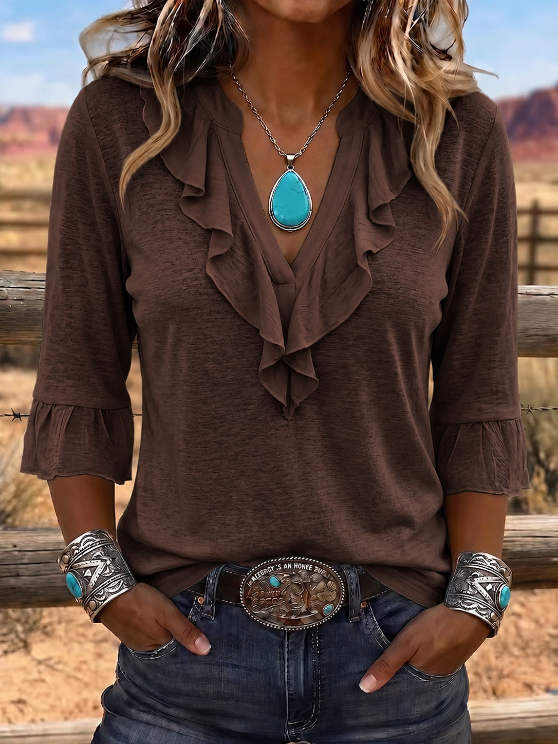 Top casual de mujer de estilo vaquero con cuello en V, volantes y algodón y lino