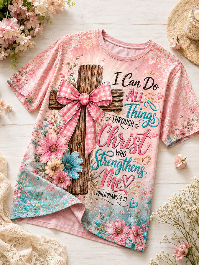 Damen Retro "I Can Do All Things Through Christ Who Strengthens Me" Glaube-Print T-Shirt