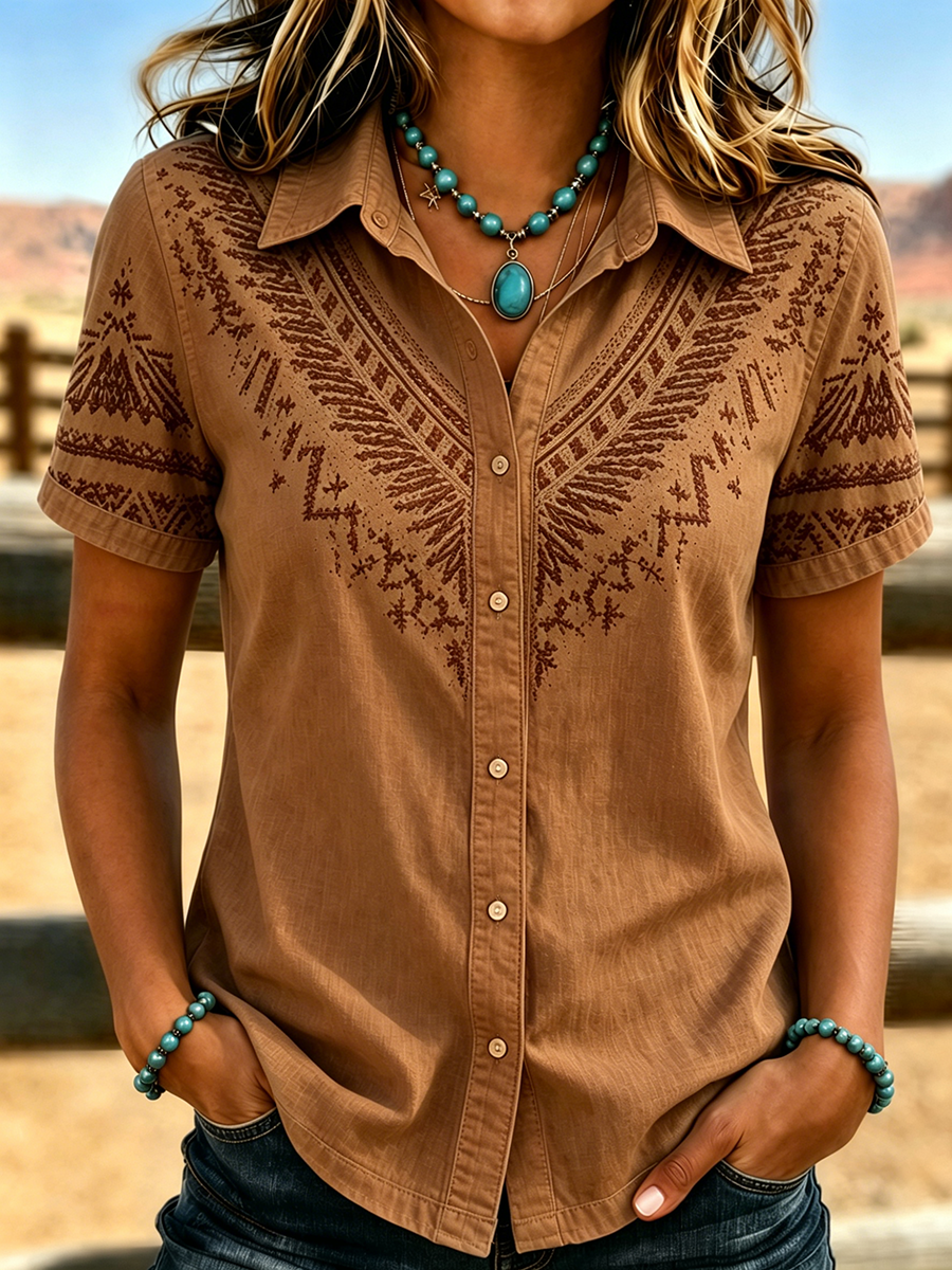 Camisa de manga corta estampada de estilo western retro para mujer