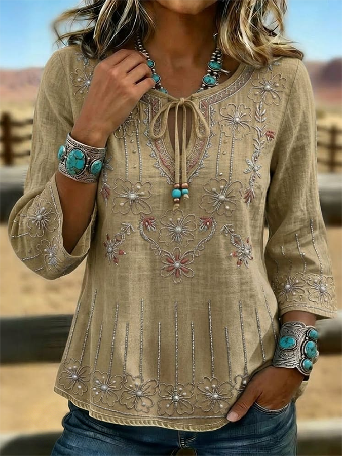 Top western vintage para mujer con estampado floral y corte entallado