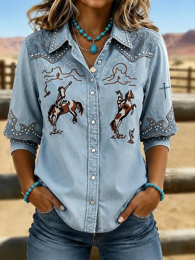 Women's Vintage-Style Western Print Shirt