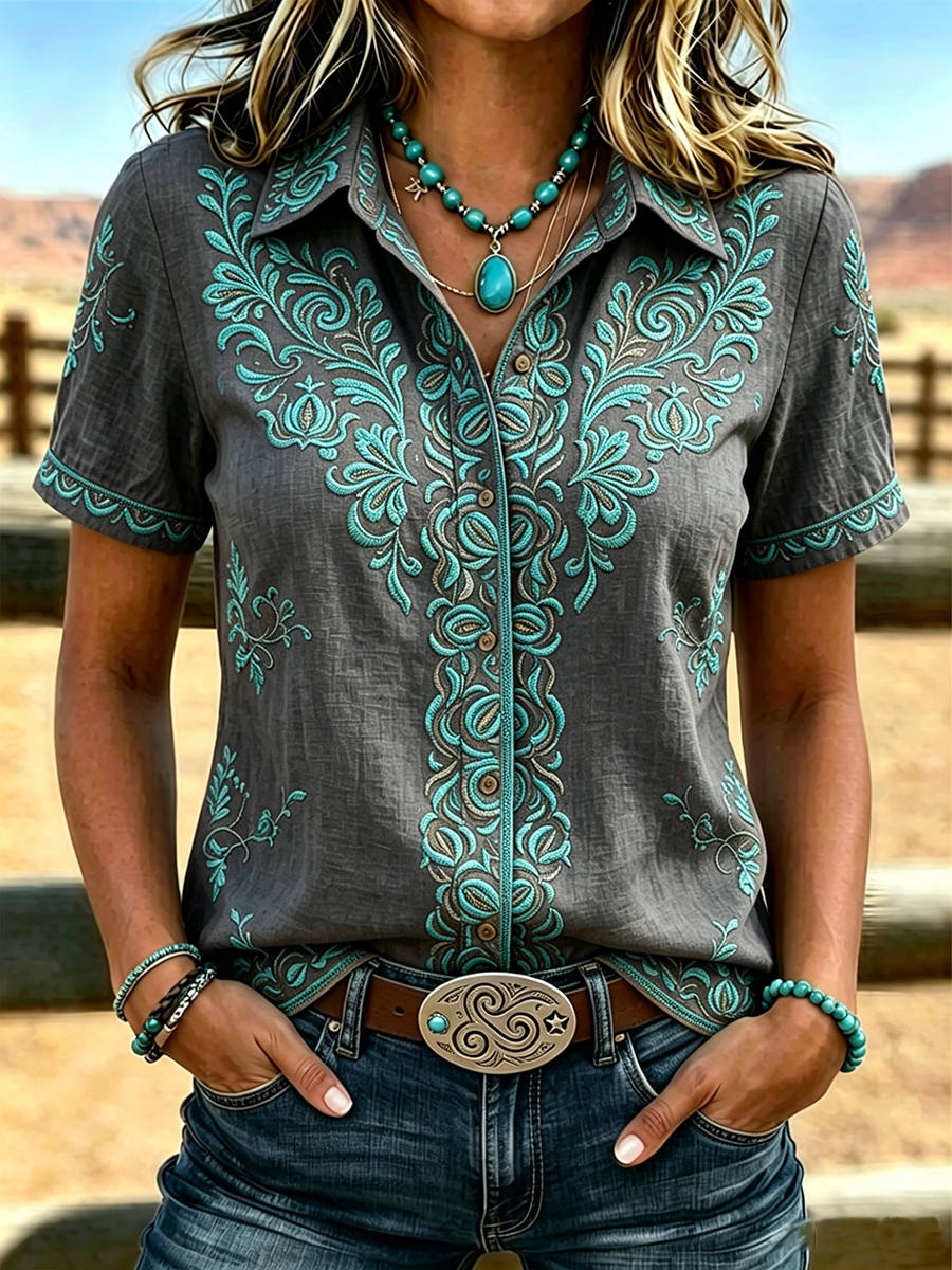Camisa estampada de arte étnico retro para mujer
