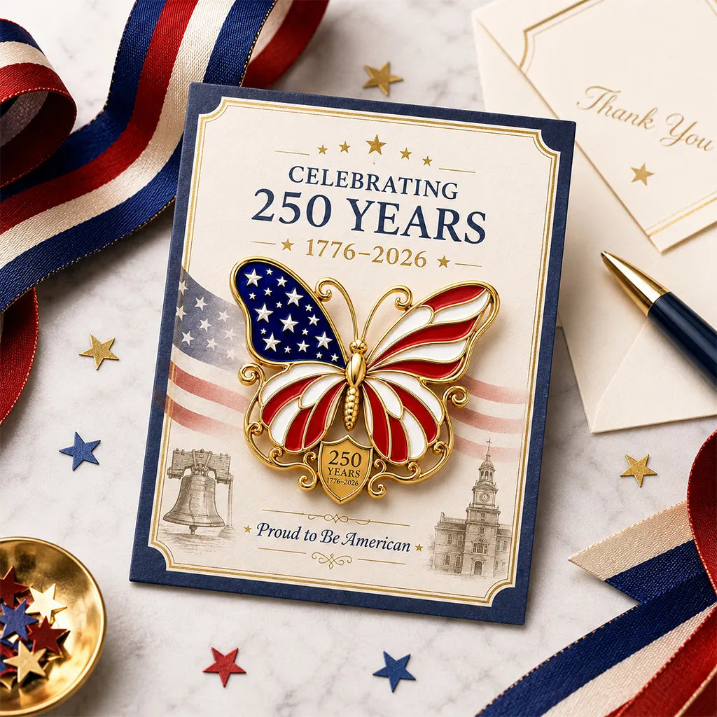 American Flag Butterfly Brooch Pin Celebrating 250 Years 1776–2026 Patriotic Butterfly Pin