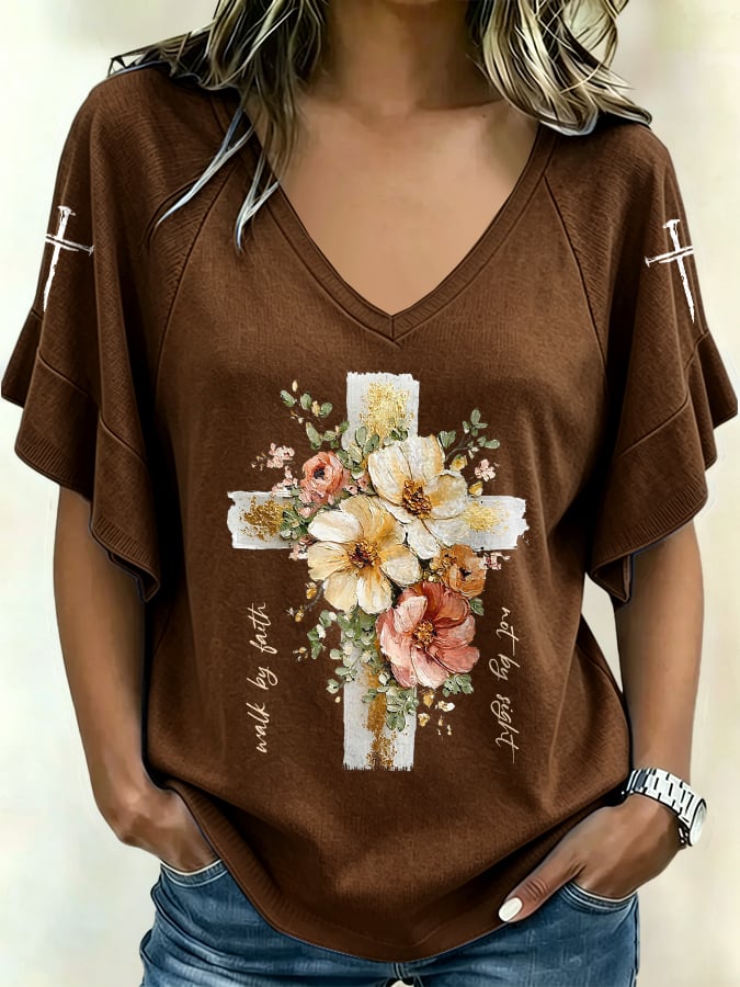 Camiseta casual de mujer con estampado «Camina por fe, no por vista»