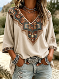 Women'S Western Style Geometric Cross V-Neck Seven Quarter Sleeve