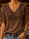 Women's Retro Western Paisley Print Tassel V-Neck Top