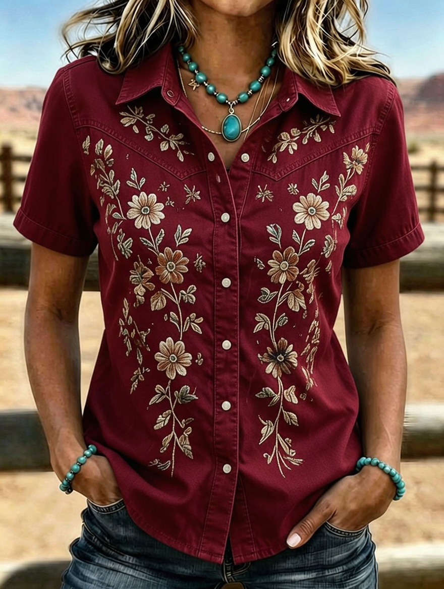 Camisa western de manga corta con bordado floral para mujer