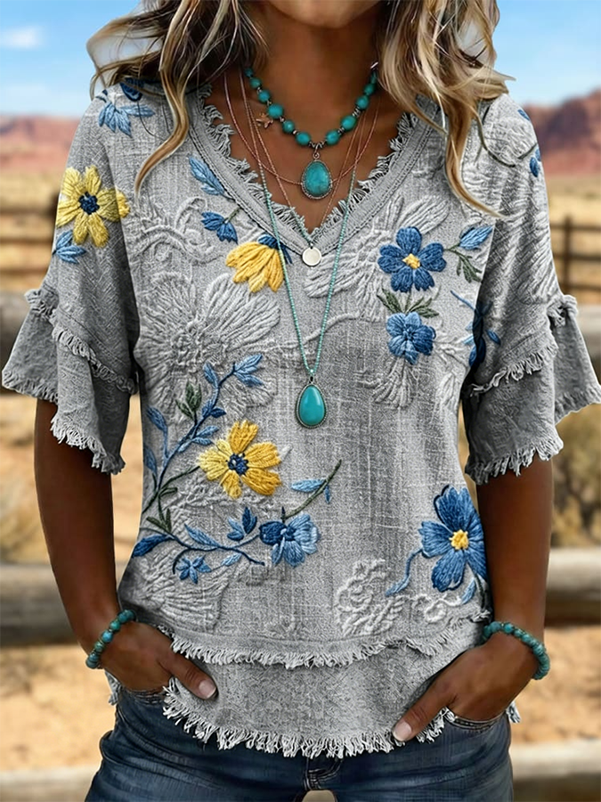 Camisa vintage para mujer de patchwork de arte, algodón y lino