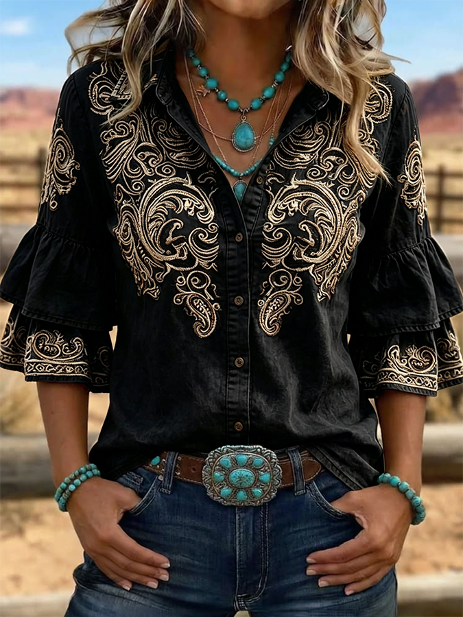 Camisa casual vintage de mujer con estampado floral, volantes y solapa
