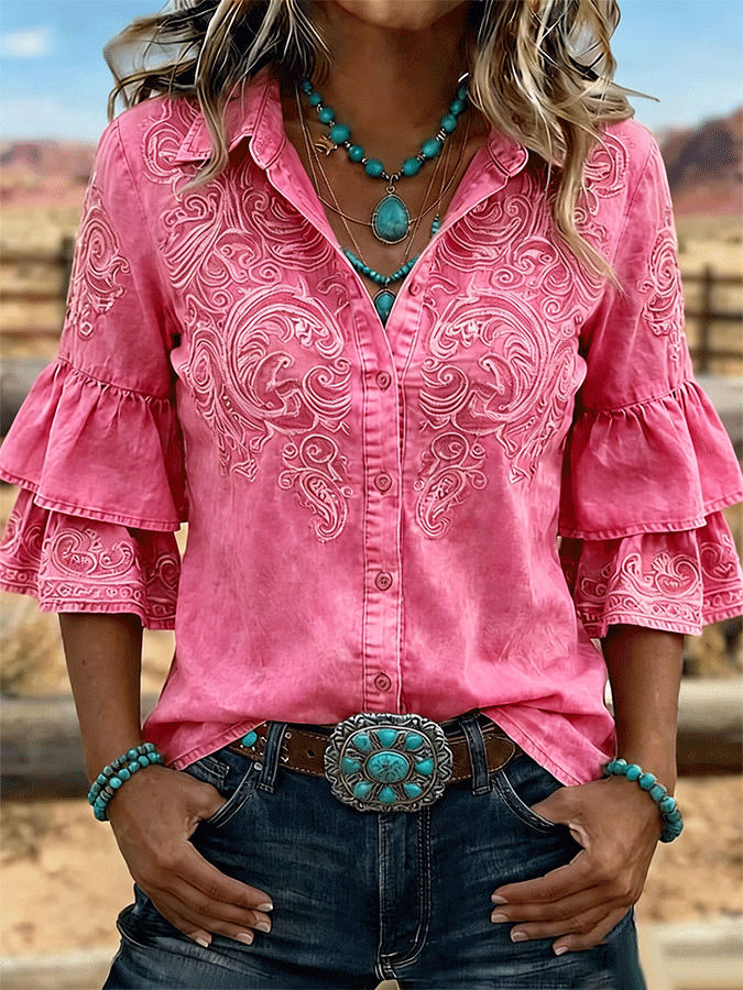 Camisa casual vintage de mujer con estampado floral, volantes y solapa