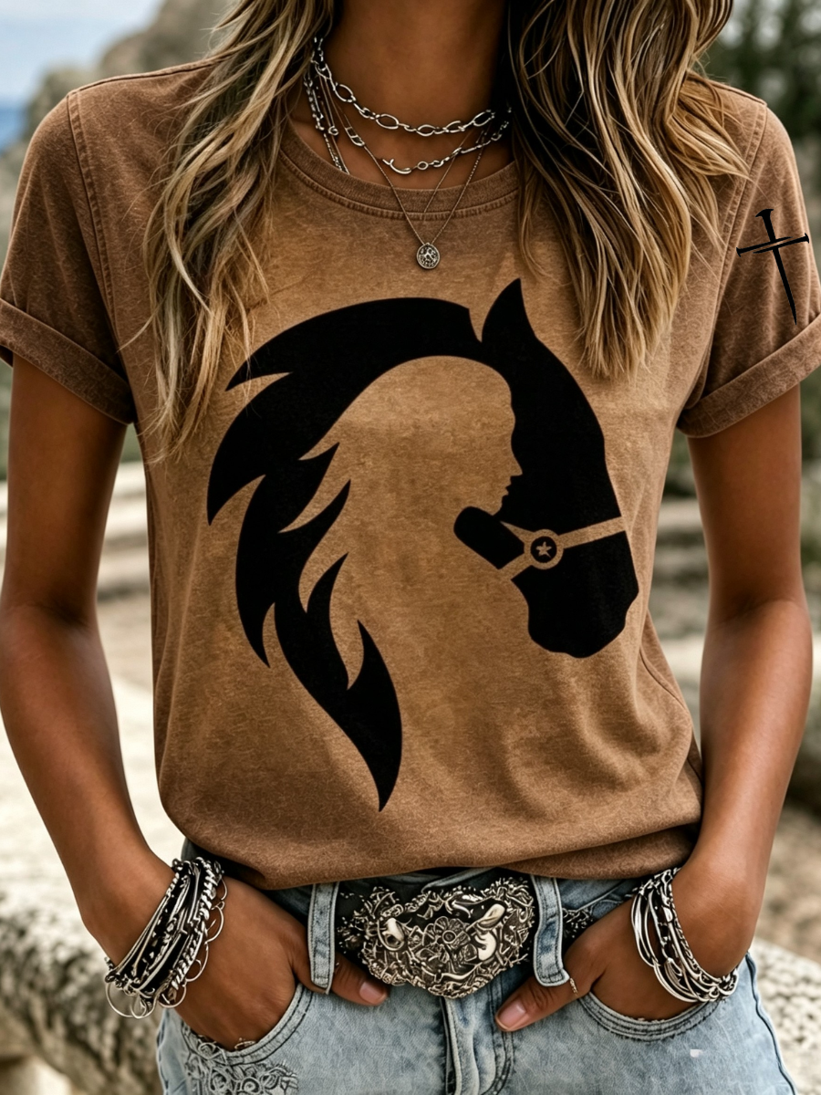 Women's Western Style Animal Cross Round Neck T-Shirt