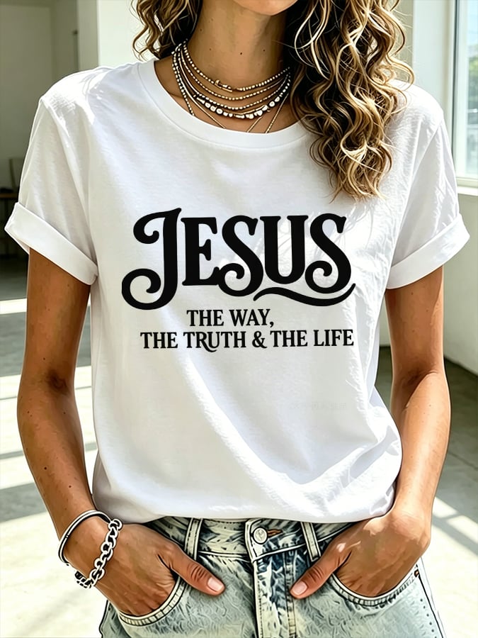 Parte superior estampada de fe con cruz para mujer: «Jesús, el camino, la verdad y la vida»