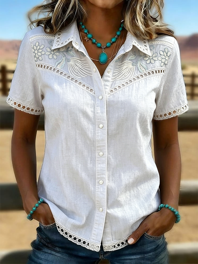 Camisa informal para mujer con estampado de arte floral vintage, paneles calados y patchwork