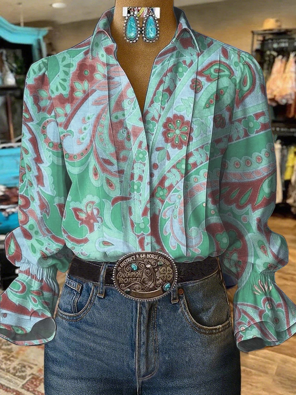 Camisa casual vaquera de mujer con mangas abullonadas y estampado