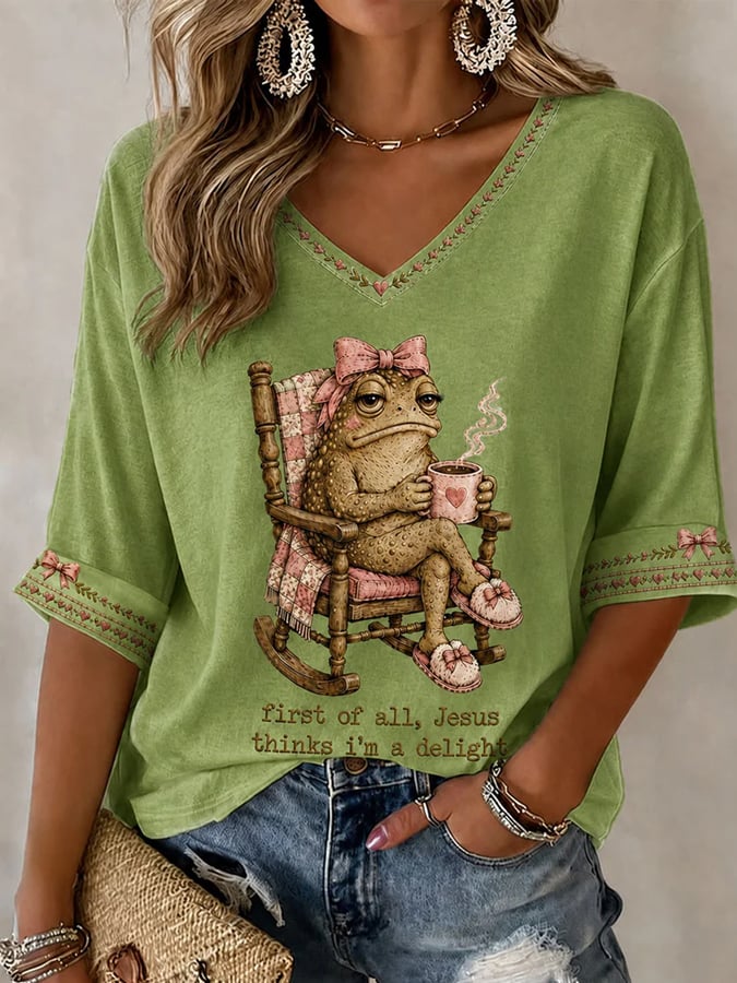 Camiseta casual estampada de mujer con la frase «Jesús cree que soy linda»c