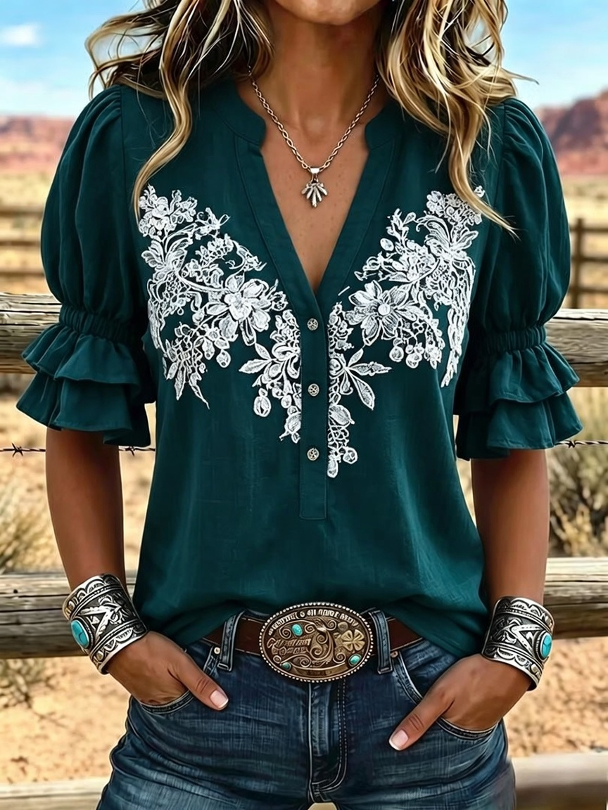 Camisa informal para mujer con estampado de arte vintage y mangas abullonadas