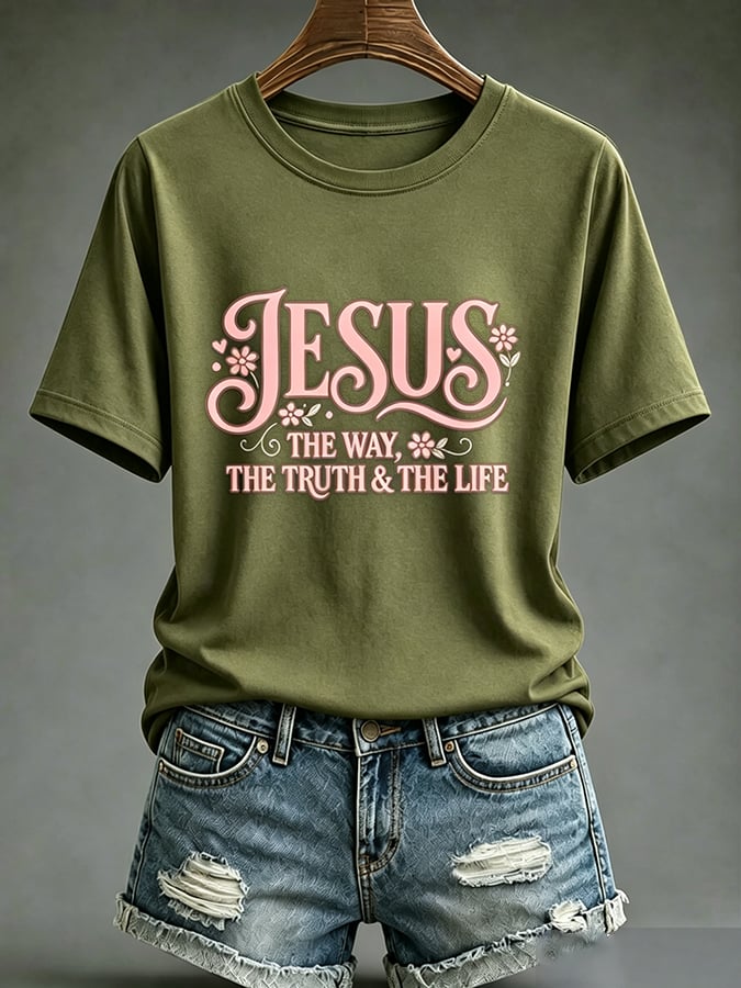 Parte superior estampada de fe con cruz para mujer: «Jesús, el camino, la verdad y la vida»