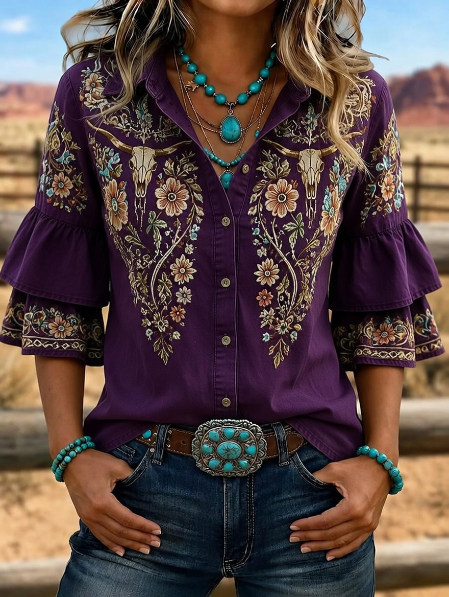 Camisa vaquera de mujer con calavera de toro bordada y mangas con volantes