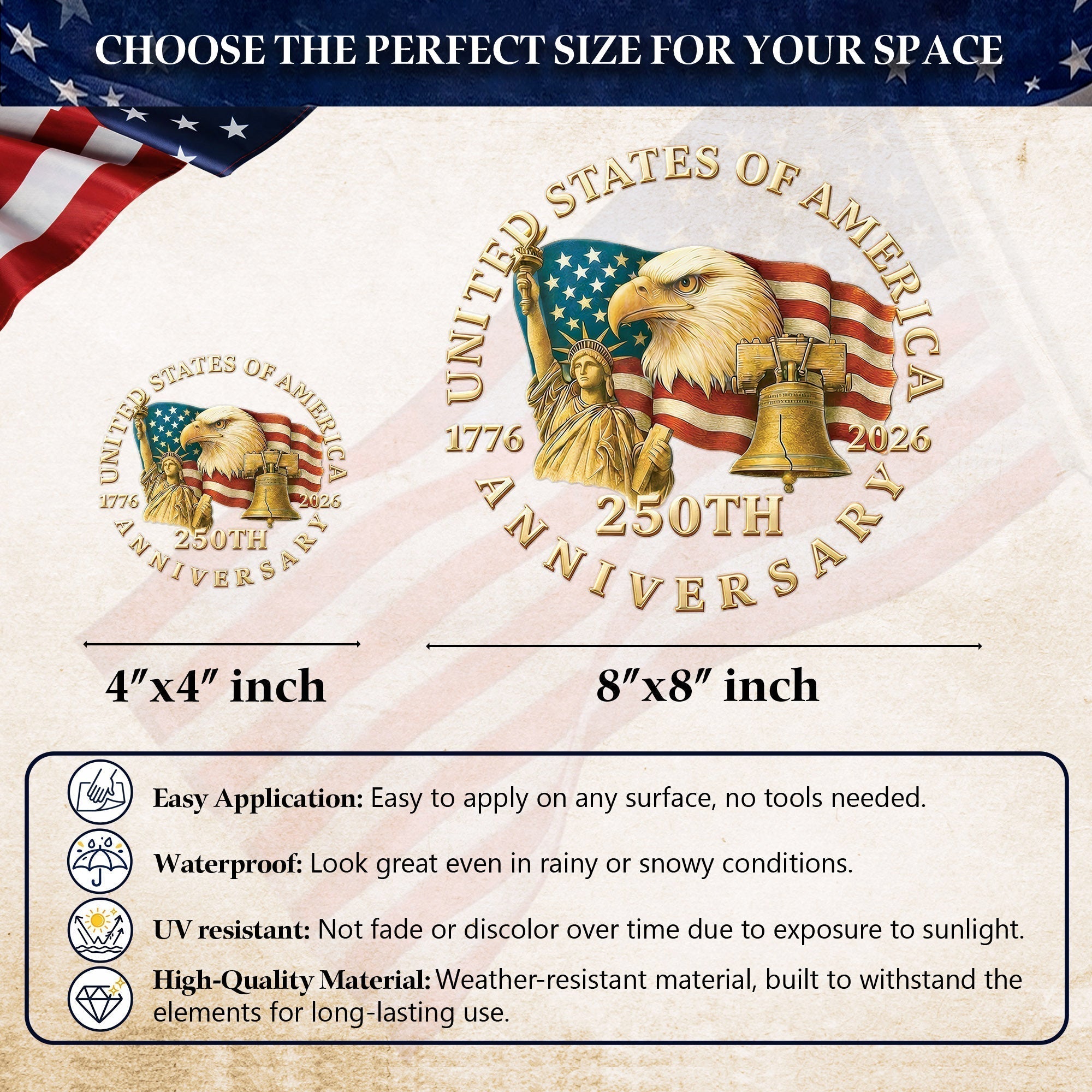 USA Flag Eagle Liberty Bell 250th Anniversary Decal 1776-2026 Patriotic Sticker