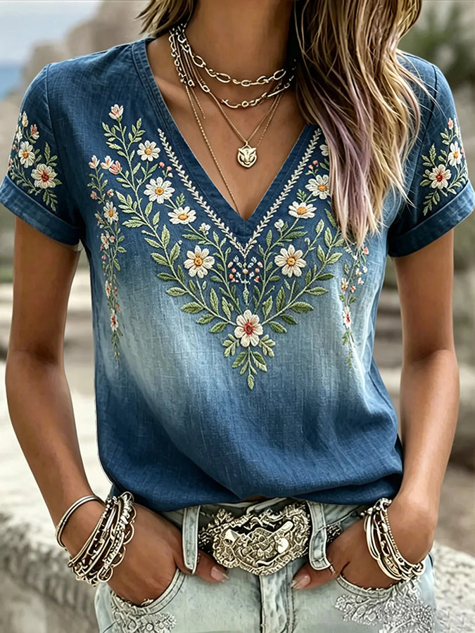 Women's Plants Flowers Print V Neck T-shirt