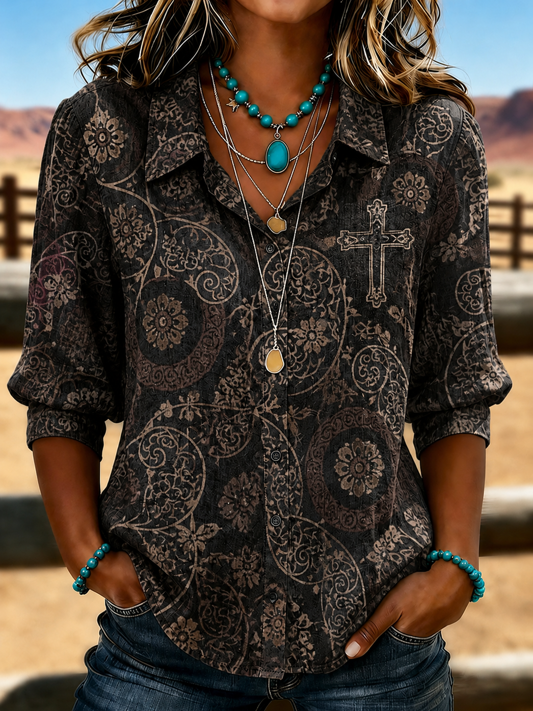 Women'S Western Style Floral Cross Retro Printed Shirt